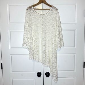 Floral Lace Tunic Top Womens XL Ivory Sheer Fairy Boho Bell Sleeves Asymmetrical